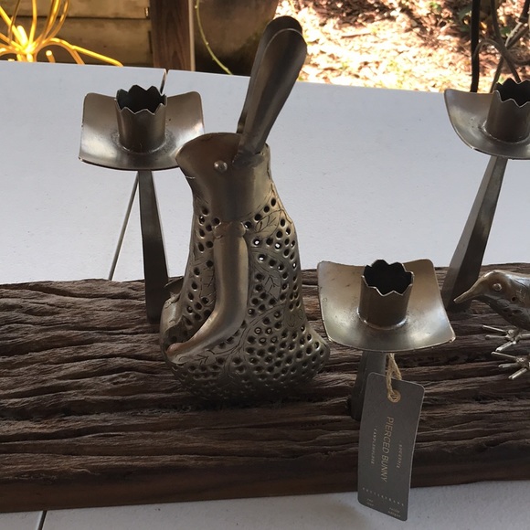 Pottery Barn Rustic Wood with Pierced Metal Bunny and Birds Taper Candle Holder - Picture 3 of 11